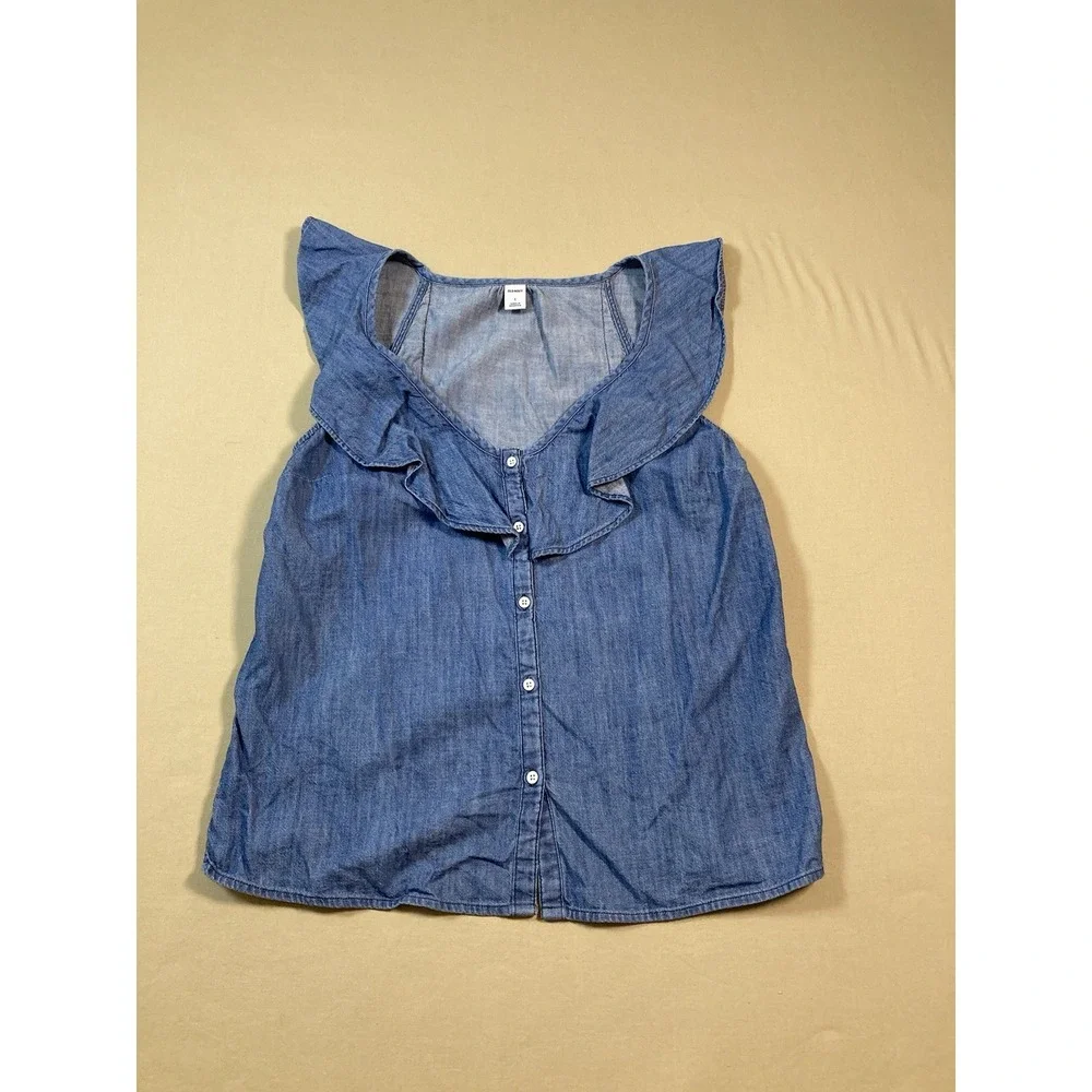 Old Navy Women's Blue Denim Ruffle Shirt Blouse Size Small 100% Cotton Romantic - Picture 1 of 7